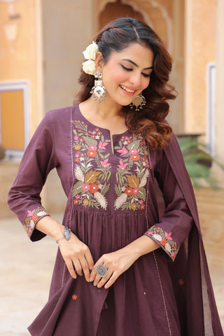 Women Floral Embroidered Regular Cotton Kurta, Trousers & Dupatta Kurta Set