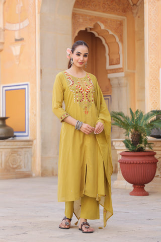 Floral Embroidered Mirror Work Pure Cotton Kurta With Trousers & Dupatta