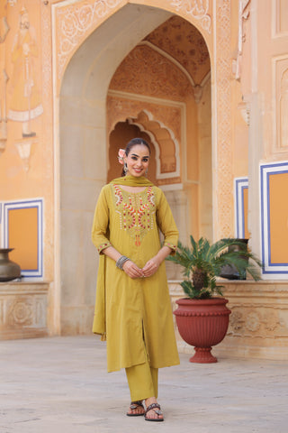 Floral Embroidered Mirror Work Pure Cotton Kurta With Trousers & Dupatta