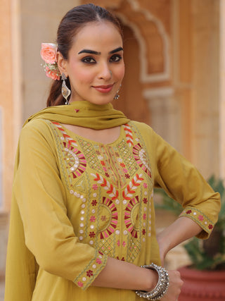 Floral Embroidered Mirror Work Pure Cotton Kurta With Trousers & Dupatta