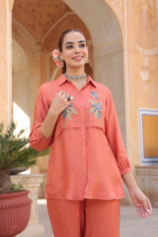 Women Embroidered Shirt with Trousers Co-ord Set