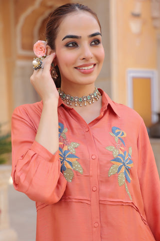 Women Embroidered Shirt with Trousers Co-ord Set