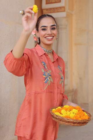 Women Embroidered Shirt with Trousers Co-ord Set