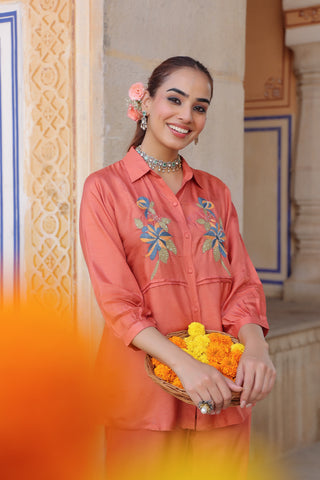 Women Embroidered Shirt with Trousers Co-ord Set