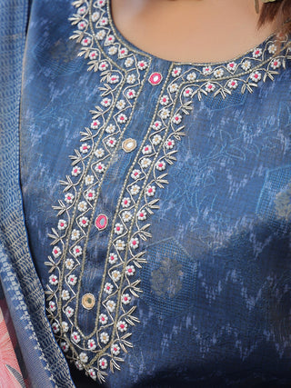 Women Floral Printed Regular Thread Work Pure Cotton Kurta with Trousers & With Dupatta