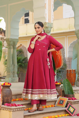 Geometric Embroidered Anarkali Pure Cotton Kurta With Trousers & Dupatta