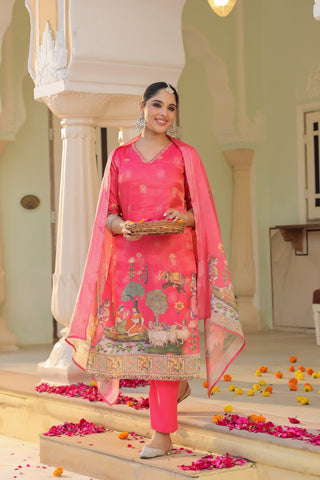 Women Printed Regular Chanderi Cotton Kurta with Trousers & Dupatta