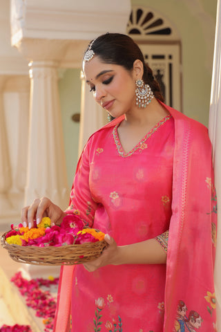 Women Printed Regular Chanderi Cotton Kurta with Trousers & Dupatta