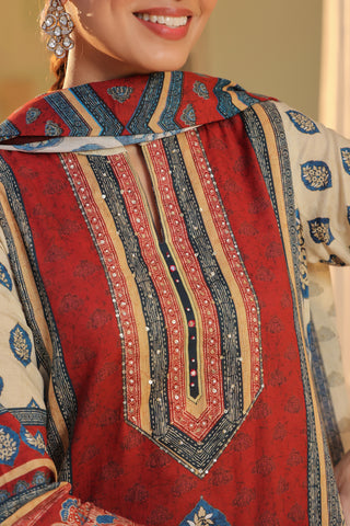 Floral Printed Mandarin Collar Muslin Kurta With Trousers & Dupatta