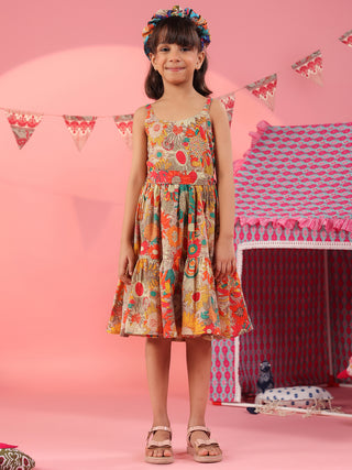 Girls Printed Cotton Knee Length Dress