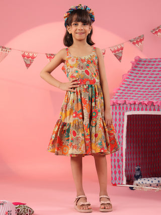 Girls Printed Cotton Knee Length Dress