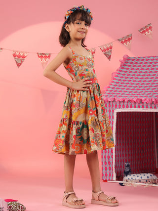 Girls Printed Cotton Knee Length Dress