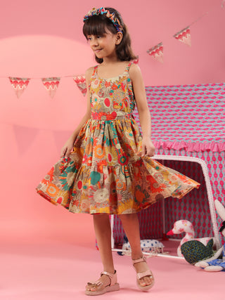 Girls Printed Cotton Knee Length Dress