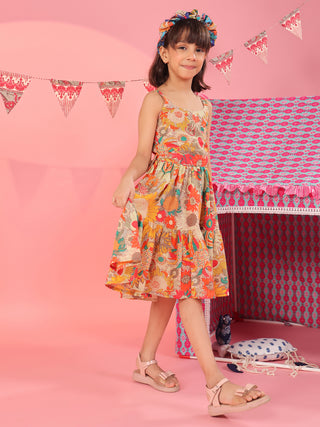 Girls Printed Cotton Knee Length Dress