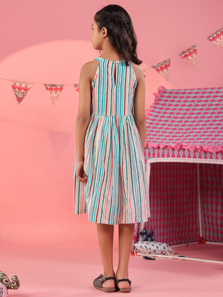 Girls Striped Pure Cotton Round-Neck Fit & Flared Ethnic Dresses