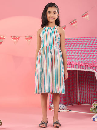 Girls Striped Pure Cotton Round-Neck Fit & Flared Ethnic Dresses