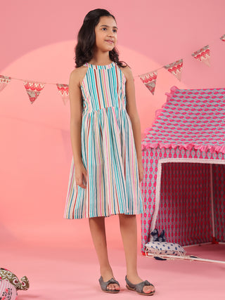 Girls Striped Pure Cotton Round-Neck Fit & Flared Ethnic Dresses