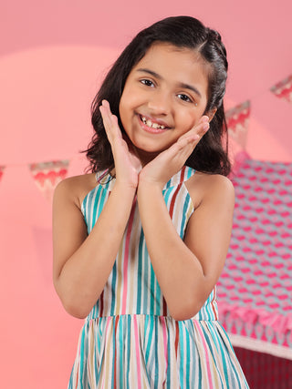 Girls Striped Pure Cotton Round-Neck Fit & Flared Ethnic Dresses