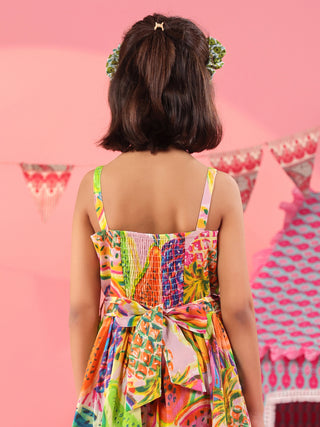 Girls Tropical Printed Sleeveless Cotton Fit and Flare Dress