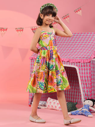 Girls Tropical Printed Sleeveless Cotton Fit and Flare Dress