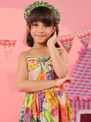 Girls Tropical Printed Sleeveless Cotton Fit and Flare Dress