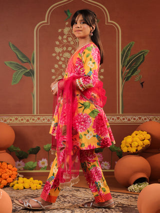 Girls Floral Printed Empire Gotta Patti Pure Cotton Kurti with Trousers & With Dupatta