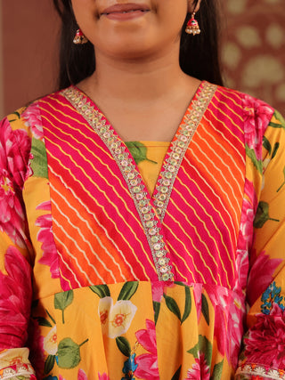 Girls Floral Printed Empire Gotta Patti Pure Cotton Kurti with Trousers & With Dupatta