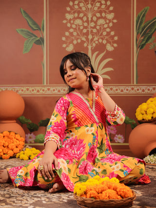 Girls Floral Printed Empire Gotta Patti Pure Cotton Kurti with Trousers & With Dupatta