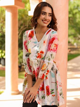 Women Floral Printed Gathered Pure Cotton Longline Top