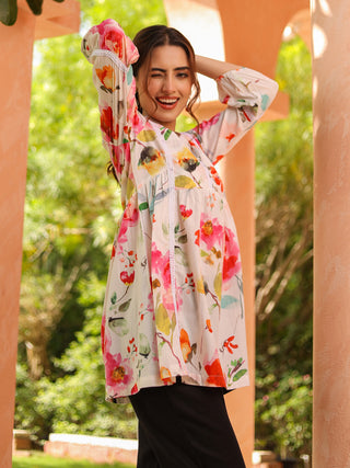 Women Floral Printed Gathered Pure Cotton Longline Top