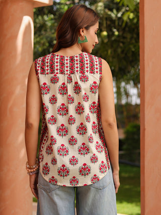Women Ethnic Motifs Printed Sleveless Cotton Regular Top