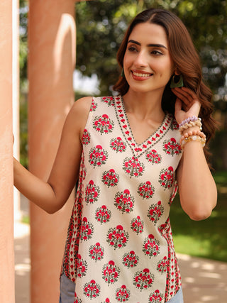 Women Ethnic Motifs Printed Sleveless Cotton Regular Top