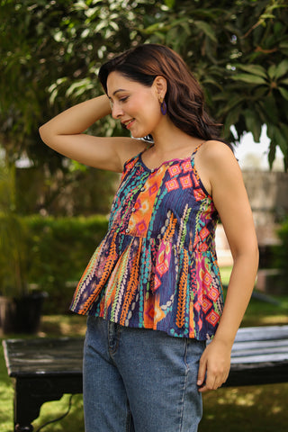 Abstract Printed Shoulder Straps Pure Cotton Peplum Crop Top
