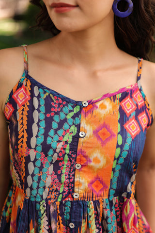 Abstract Printed Shoulder Straps Pure Cotton Peplum Crop Top