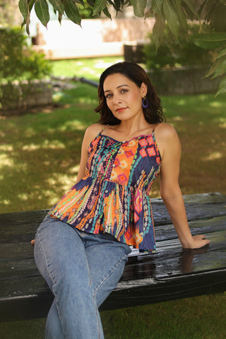 Abstract Printed Shoulder Straps Pure Cotton Peplum Crop Top