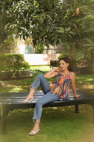 Abstract Printed Shoulder Straps Pure Cotton Peplum Crop Top