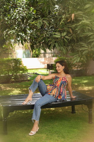 Abstract Printed Shoulder Straps Pure Cotton Peplum Crop Top