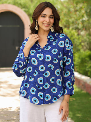 Women Standard Fit Geometric Printed Spread Collar Satin Casual Shirt