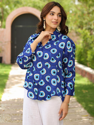 Women Standard Fit Geometric Printed Spread Collar Satin Casual Shirt