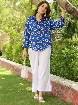 Women Standard Fit Geometric Printed Spread Collar Satin Casual Shirt