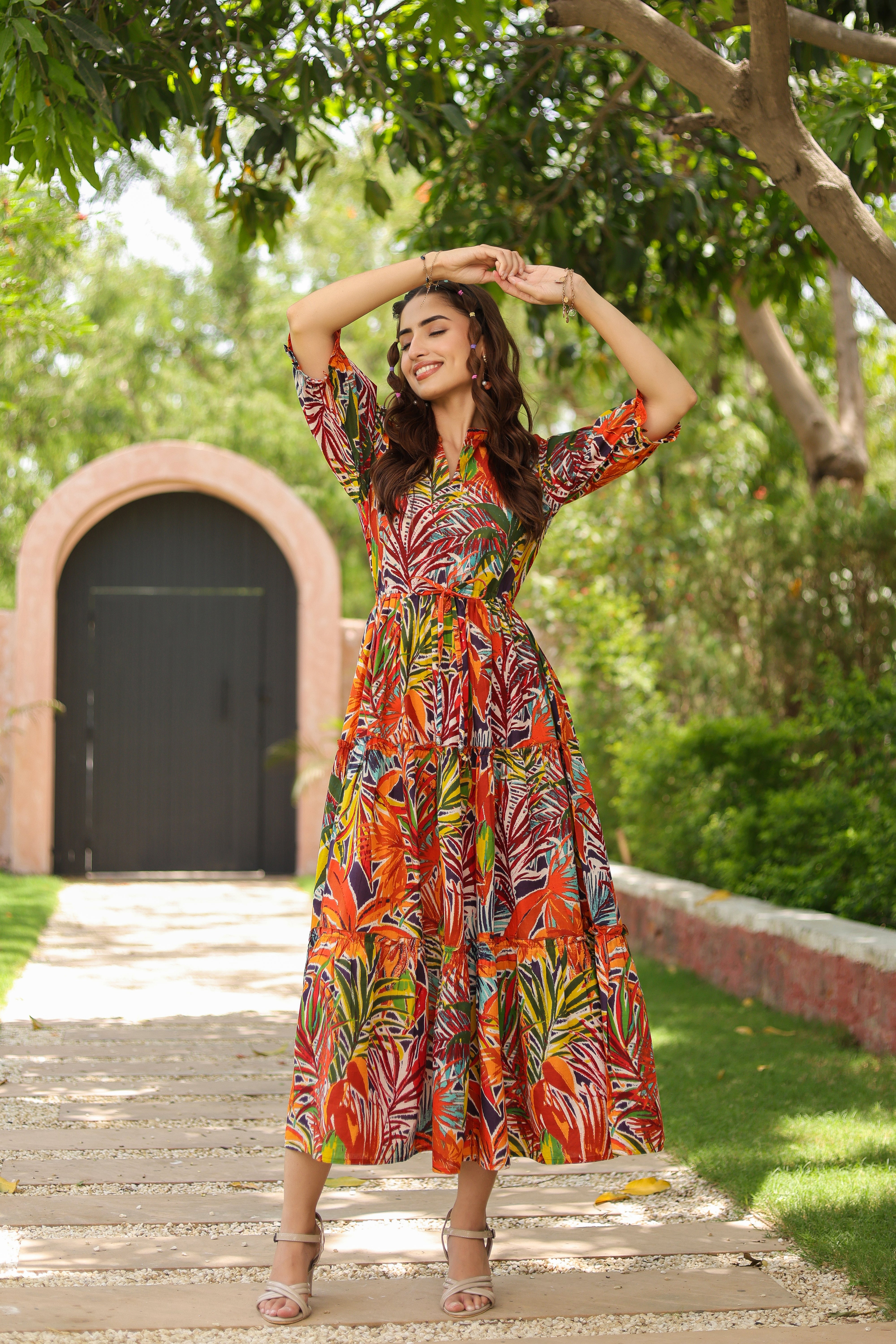 Women Multi Printed Pure Cotton Fit & Flared Ethnic Dress – Rain & Rainbow