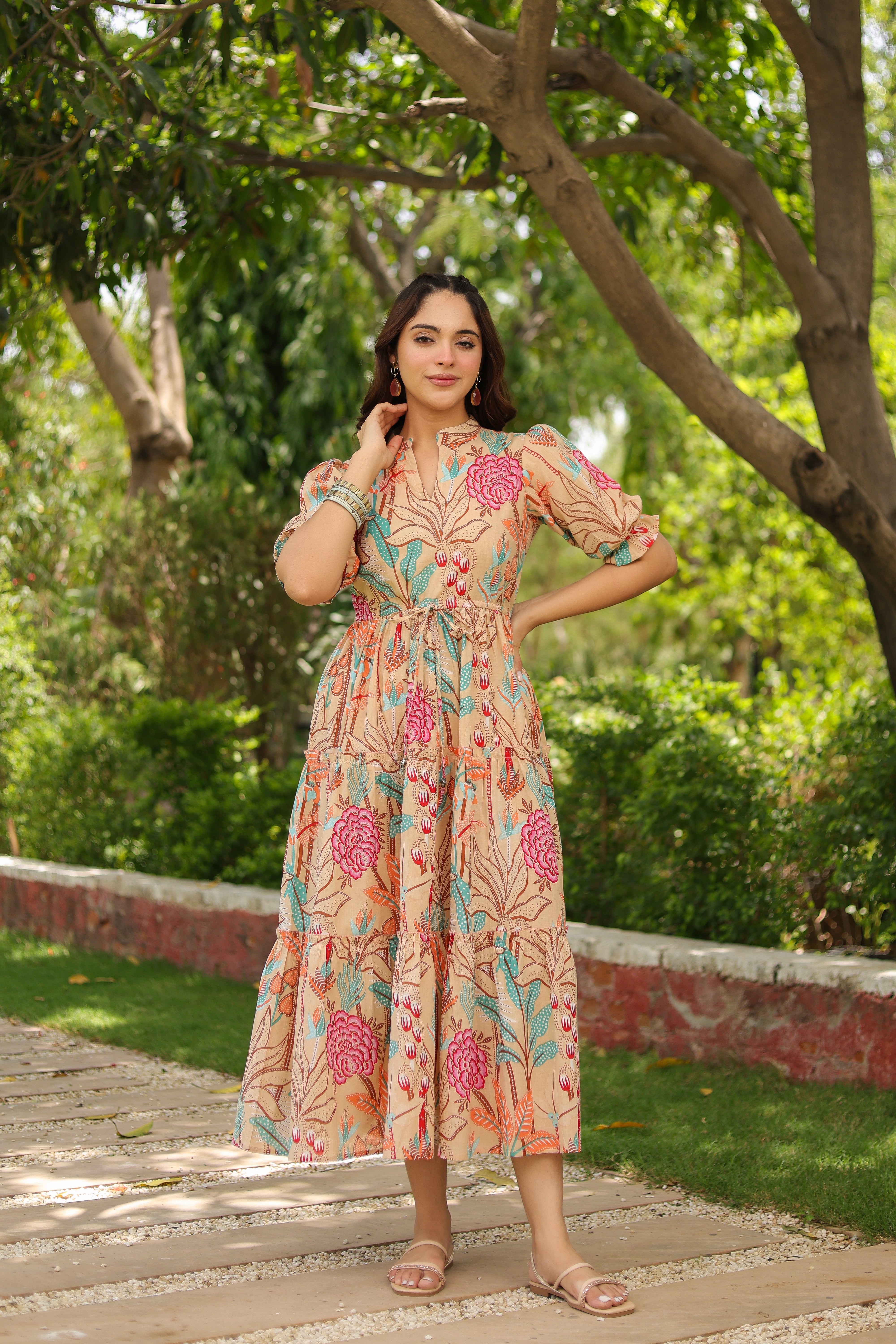 Women Floral Printed Puff Sleeve Fit & Flare Dress Rain & Rainbow Women Floral Printed Puff Sleeve Fit & Flare Dress Rain & Rainbow