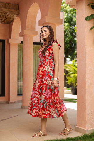 Tropical Printed Square Neck Pure Cotton Midi Dress