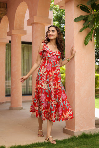 Tropical Printed Square Neck Pure Cotton Midi Dress