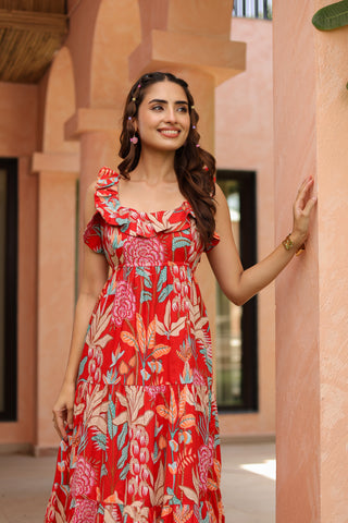 Tropical Printed Square Neck Pure Cotton Midi Dress