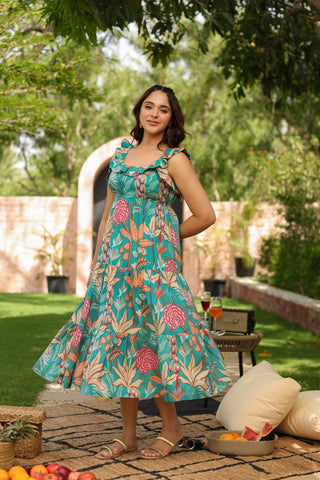 Tropical Printed Square Neck Pure Cotton Midi Dress