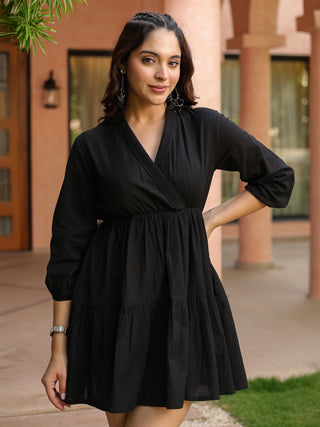 Women Solid Tiered Wrap Pure Cotton Mini Dress