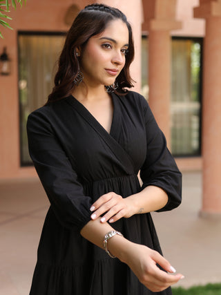 Women Solid Tiered Wrap Pure Cotton Mini Dress