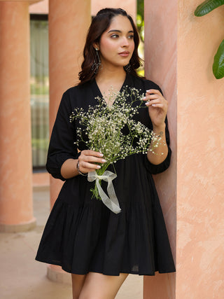 Women Solid Tiered Wrap Pure Cotton Mini Dress