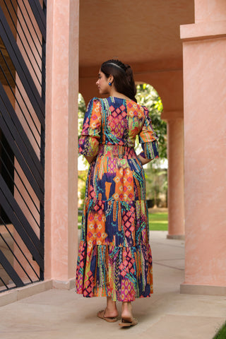 Women Ethnic Printed V Neck Ruffle Detail Dress